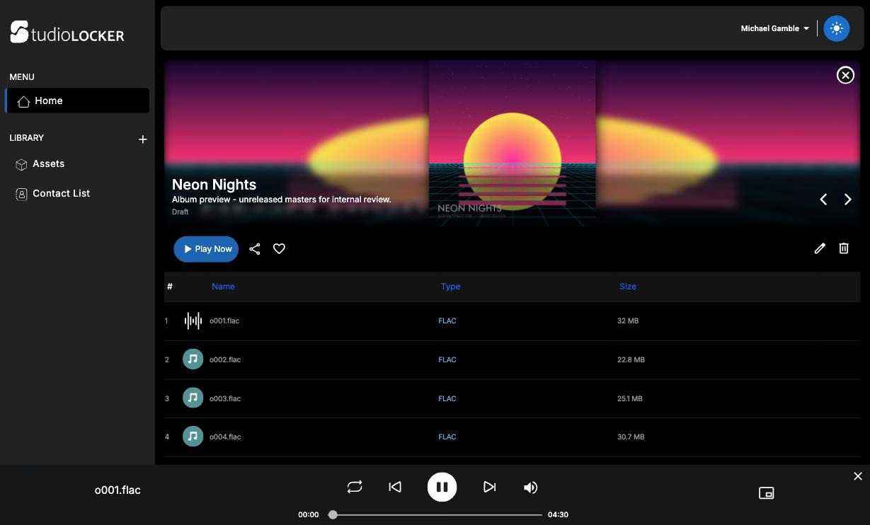StudioLocker playlist detail: a vaporwave-covered album preview playing in the built-in player