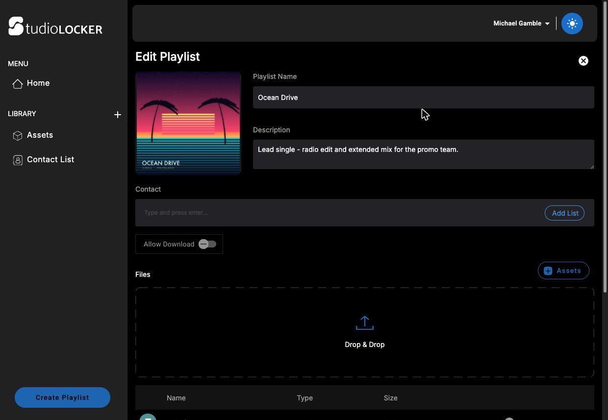 Create: the Edit Playlist form with cover art, name, description, contacts and files