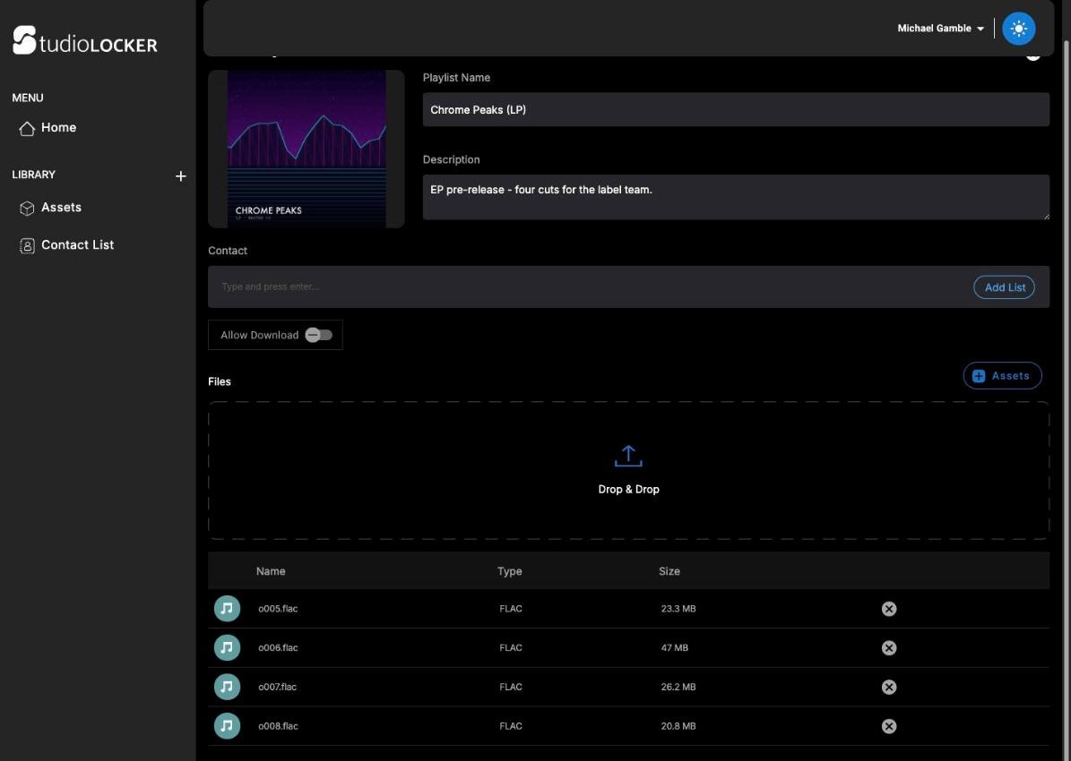Editing a live StudioLocker playlist: files can be added or removed, permissions toggled, and recipients notified