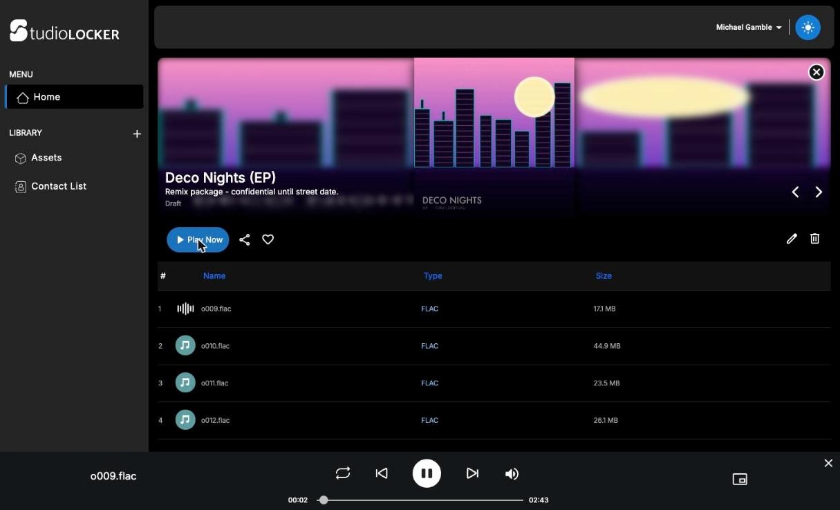 A recipient listening to a watermarked playlist in StudioLocker's built-in player